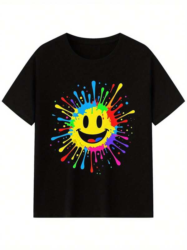Men's T-Shirt With Neon Paint Splatter Print - Lightweight Round Neck T-Shirt With Face Print, Machine Washable, Suitable