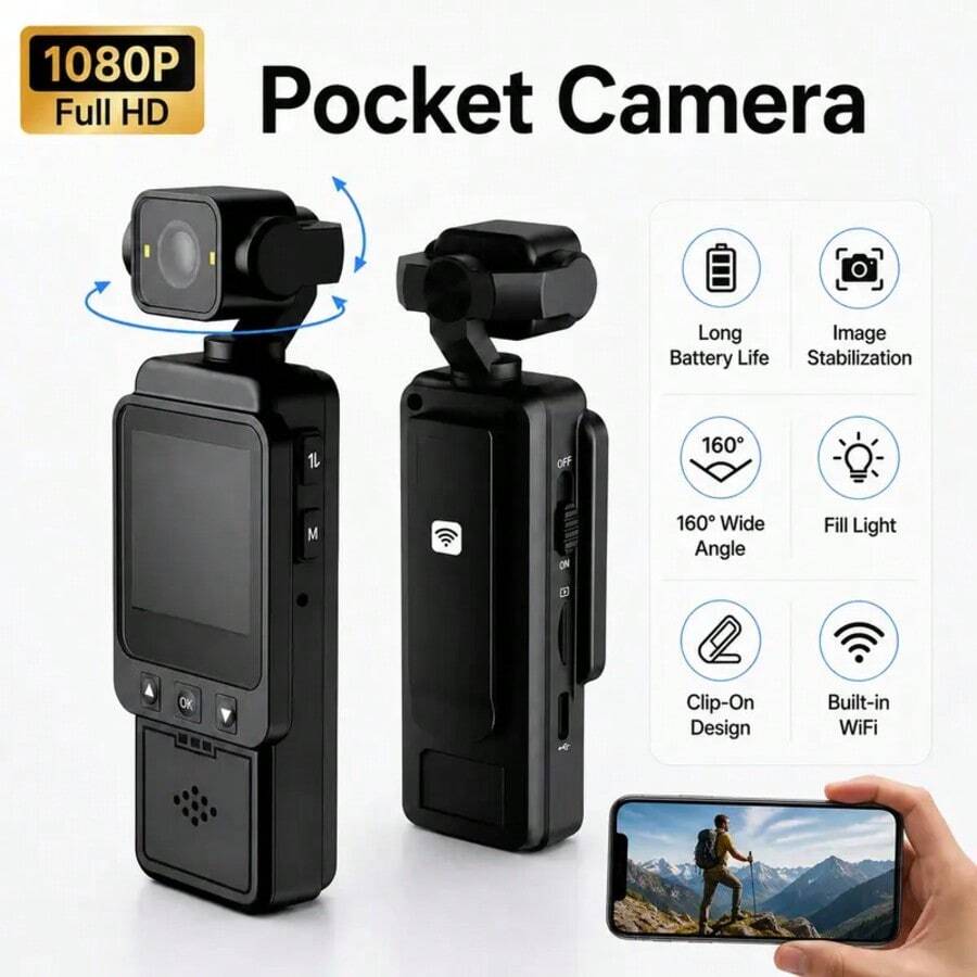 便攜式迷你運動攝影機 1080P HD 支援 WiFi、夜視、影像穩定 | 可旋轉鏡頭 Vlog 攝影機 便攜式 Vlogging 攝影機適用於旅行與運動 | 1.54 吋螢幕、隱藏錄影、口袋與手持設計
