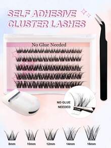 C Curl Self-Adhesive False Eyelashes, No Glue Needed, 8-16mm Mixed Length, Fluffy Cat Eye Effect, No Sticky Residue, Pre-Glued False Eyelashes, DIY Convenient Eyelash Clusters, Single Cluster False Eyelashes, False Eyelashes, False Eyelashes - C - View 4