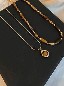 1/2pcs Vintage Malachite & Tiger Eye Tassel Necklace, Minimalist Sweater Chain Jewelry, Women's - Brown - View 3