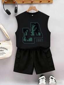 Tween Boy Casual Minimalist "LA" Letter & 1987 Number Print Sleeveless Round Neck Tank Top + Cargo Pants Spring/Summer Comfortable New Style Set - Black - View 2