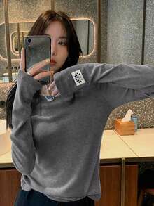 Minimalist Grey Long Sleeve T-Shirt, Round Neck, Slightly Cropped Fit, Soft Stretch Fabric, Casual Fall Outfit For Women, Everyday Basic Top - Grey - View 1