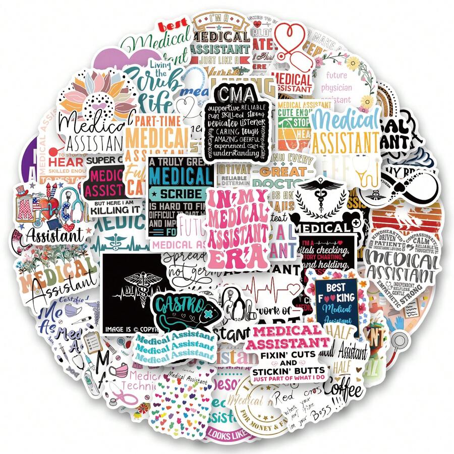 100 PCS Medical Assistant Stickers, A Set Of Vibrant And Colorful Beautiful Stickers, Suitable For All Kinds Of Holidays, Party, Laptops, Tablet, Skateboards, Journals, Scrapbooks, Water Bottles - Assistant Theme - View 1