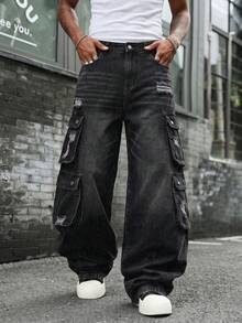 Celana Jeans Kargo Pria Retro Hitam dengan Banyak Saku, Celana Denim Streetwear Y2K dengan Detail Sobek dan Longgar, Potongan Lebar, dan Tampilan Usang. - Hitam - View 1