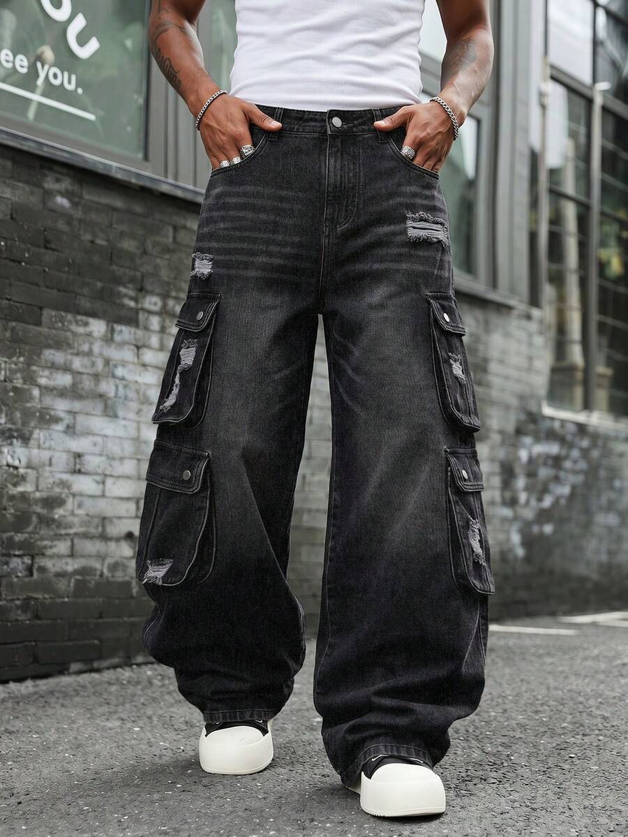 Celana Jeans Kargo Pria Retro Hitam dengan Banyak Saku, Celana Denim Streetwear Y2K dengan Detail Sobek dan Longgar, Potongan Lebar, dan Tampilan Usang. - Hitam - View 1