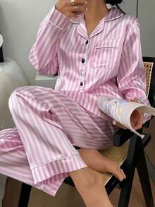 Dreamivo 2pcs/Set Women's Striped Long Sleeve Long Pants Pajama Set - Pink - View 1