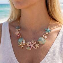 Set de 3 piezas: collar y pendientes de estrella de mar y concha coloridos de alta gama para mujer, perfecto para uso diario, fiestas y vacaciones, regalo de vacaciones - vistoso - Ver 2