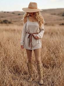 Autumn/Winter New Off-Shoulder Knitted Sweater For Women, Oatmeal Color, Slouchy, Camisole Design - Yan - View 2