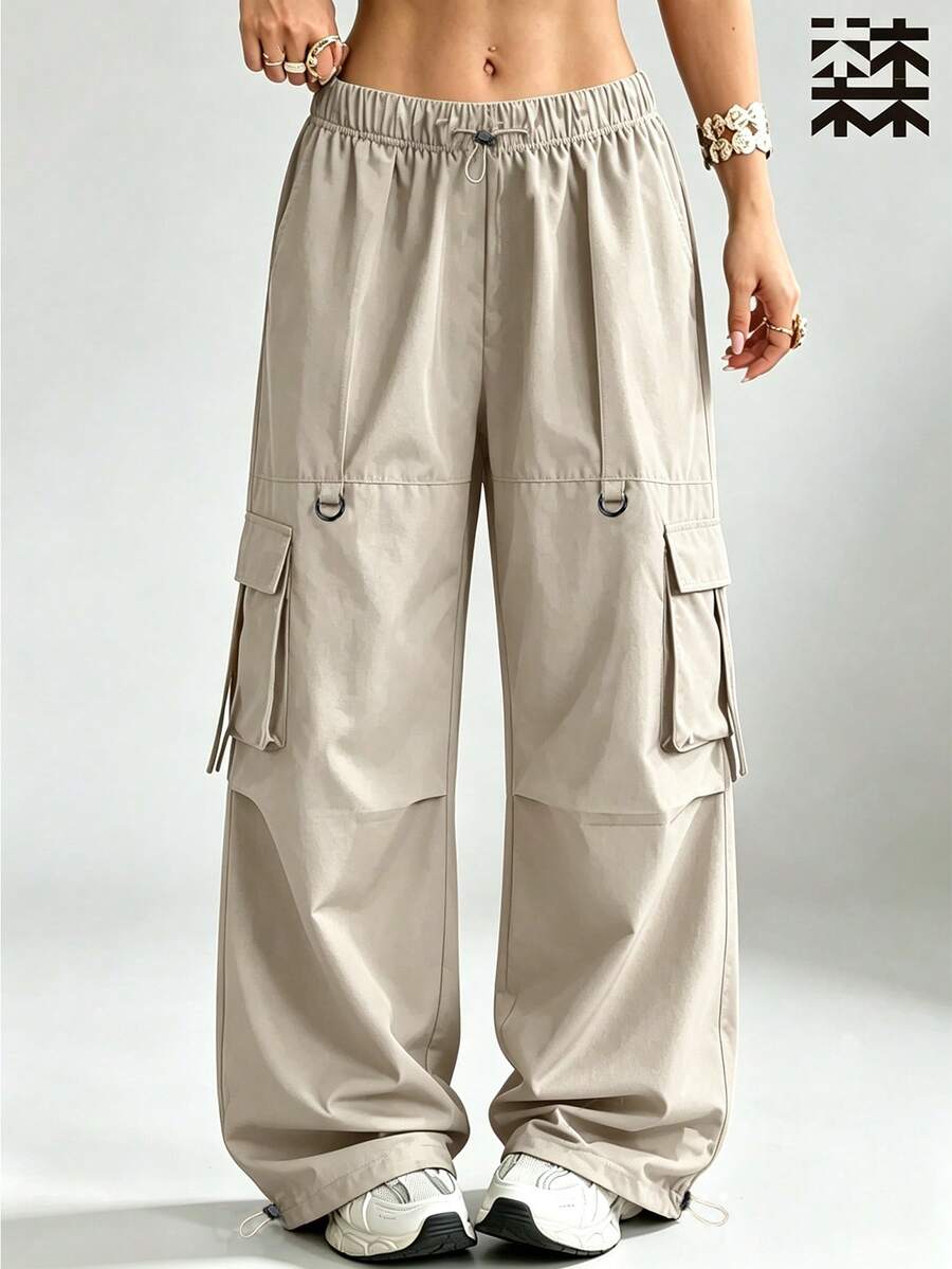 mulinsen Cargo Pants, Elastic Drawstring Waist, Multi-Pocket Wide Leg Tapered Hem Convertible Long Pants - Khaki - View 1