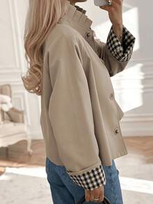 Autumn Casual Commute Pleated Stand Collar Jacket - Khaki - View 3