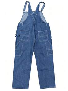 Men's Mid-Blue Washed Denim Overalls, Plus Size 1-6XL Loose Wide Leg Adjustable Shoulder Strap Jumpsuit, Comfortable Daily Outdoor Street Casual Pants - Dark Wash - View 6