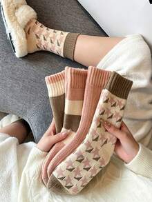 4 Pairs Japanese Style Gentle Warm Mid-Calf Women's Socks, Daily Commute Home Heat-Retaining Thickened Versatile Cotton Socks - Multicolor - View 1
