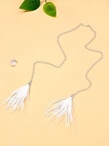outingfit 1pc Gold Faux Pearl Face Chain For Women, Bohemian Style Multi-Layer Ear Hook Facial Decoration Body Chain, Suitable For Music Festivals, Parties, Proms, Beach Vacations, Wedding Guest Outfits - Feather - View 7