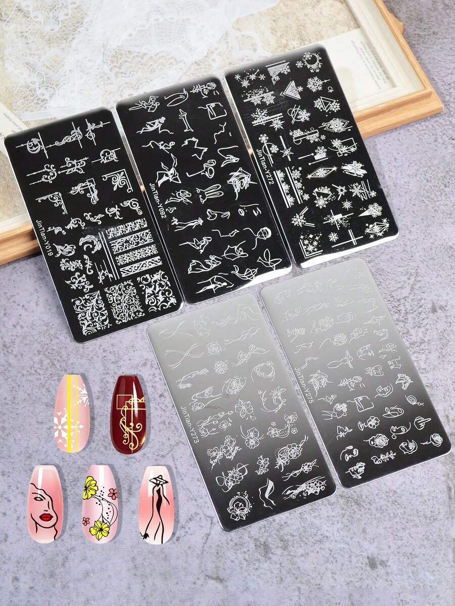 5件組美甲印花板套組,線條、花卉、幾何圖案不鏽鋼美甲轉印模板,DIY美甲工具 - 銀色 - 查看 1