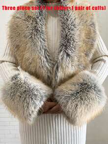Faux Fur Collar Cuffs Set Winter Fluffy Shawl, 3 Options: Collar+Cuffs / Single Collar / Cuffs Only - Multicolor - View 22