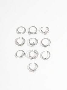 Juego de 10 anillos de metal con textura de lava abierta, estrella de strass plateada, fácil de combinar - Plateado - Ver 3
