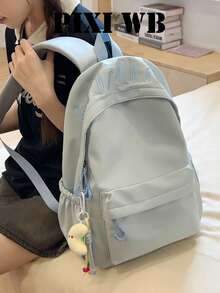 Pastel Blue Minimalist Daily Rucksack, Front Zipper Pocket Side Water Bottle Holders Cute Cartoon Pendant For Campus Travel With - View 3