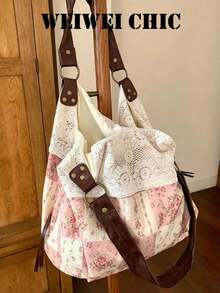 Pink Floral Plaid Patchwork Shoulder Bag With White Lace Overlay, Adjustable PU Wide Strap Large Capacity Hobo Tote Bag For Casual Daily Outings - Pink - View 1