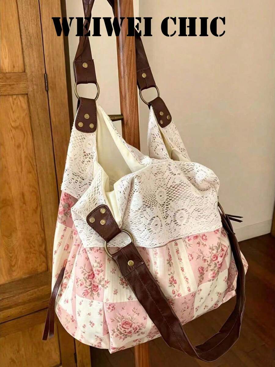 Pink Floral Plaid Patchwork Shoulder Bag With White Lace Overlay, Adjustable PU Wide Strap Large Capacity Hobo Tote Bag For Casual Daily Outings - Pink - View 1