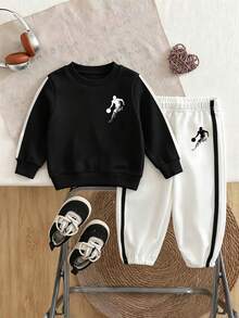 Young Boy Cartoon Print Crew Neck Long Sleeve Top And Pants - Black - View 2