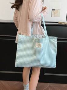 Striped Casual Large Capacity Minimalist Shopping Vacation College Tote Bag - Green - View 7