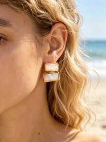 1pc Multi Color Stainless Steel Acrylic Resin Rectangle Stud Earrings Tarnish Resistant Daily Fashion Jewelry - Gold - View 2