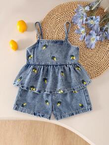 2pcs/Set Girls Toddler Street Cute Style Denim Embroidered Camisole Top & Denim Shorts Set Summer - Navy Blue - View 2