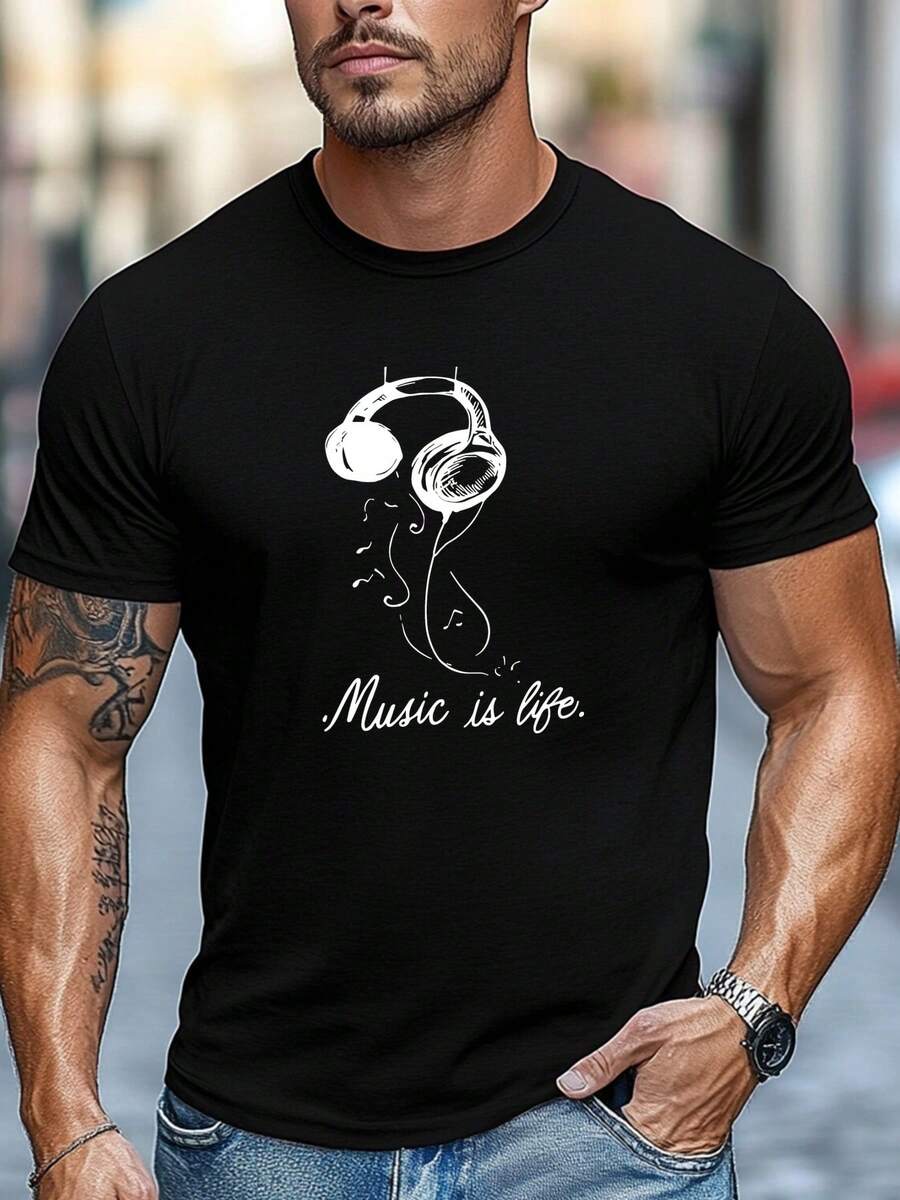 Plus-Size Men's T-Shirt, Casual And Comfortable, Versatile And Cozy, Printed With The Phrase "Music Is Life," Suitable For Summer Leisure.