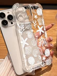 1 pièce Coque de téléphone antichoc à coussin d'air aux quatre coins, motif de lignes blanches, coquillage, étoile de mer, corail, design océan, matériau transparent, design anti-chute, coque de protection en TPU, cadre surélevé pour l'objectif de l'appareil photo, compatible avec iPhone 11, 12, 13, 14, 15, 16, 17 Pro Max, coque de téléphone style plage d'été, convient aux femmes et aux filles, compatible avec Galaxy, Honor, téléphones - Transparent - Voir 1