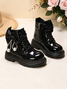 2026 New Mid-To-Large Kids Shiny Black Patent Ankle Boots, Knight Style Classic Round Toe Satin Bow Pearl Rhinestone Decor, Elegant Fashion Durable Comfortable Thick Sole Height-Increasing Boots, School, Travel, Photo, Formal Wear, Runway, Autumn/Winter/Early Spring Sweet Cool Functional Style Unisex Kids Side Zipper Boots - Black - View 5