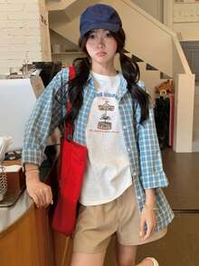 Blue Plaid Shirt Jacket Korean Style Fashion Loose Long Sleeve Casual Top - Baby Blue - View 1