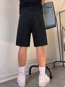 男士牛仔短褲 膝蓋長度 直筒棉質牛仔褲 嘻哈街頭風百慕達短褲 - 黑色 - 查看 2
