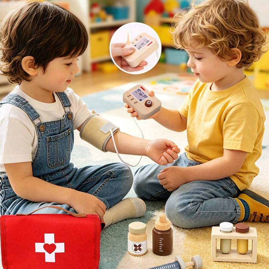 1 Set Wooden Doctor Medical Tool Kit Toy Set, Simulation Blood Pressure Monitor, Syringe, Eye Chart, Role Play Educational Cognitive Pretend Play Toy For Boys And Girls - Multicolor - View 1