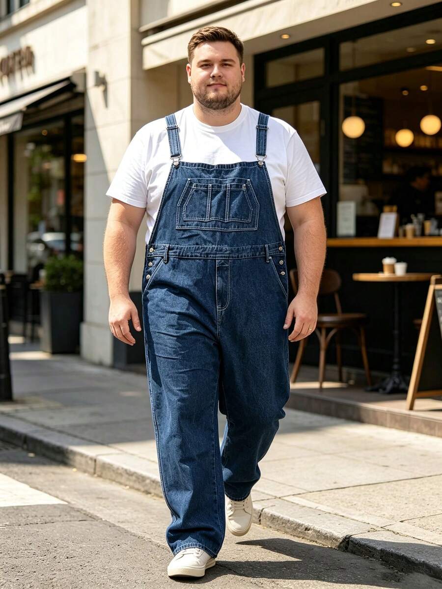 Men's Mid-Blue Washed Denim Overalls, Plus Size 1-6XL Loose Wide Leg Adjustable Shoulder Strap Jumpsuit, Comfortable Daily Outdoor Street Casual Pants - Dark Wash - View 1