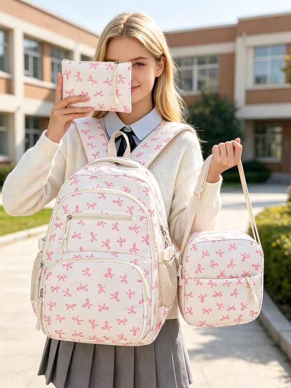 1 Set Casual College Style Bow Pattern Backpack Combination, Large Capacity Nylon Commuter Daily Use Bag, Matching Crossbody Small Bag And Stationery Storage Pouch, Multi-Layer Storage Casual Backpack Set, Travel Backpack Set, Suitable For Students, Fresh Graduates, Young People, Applicable For Back To School, Daily Commute, Shopping, Short Trips And Outdoor Leisure Travel