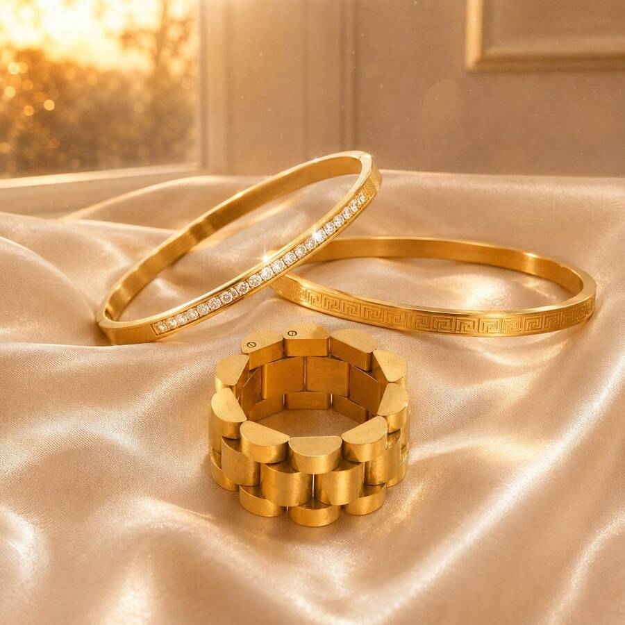 3pcs/Set Women's Luxury Gold-Plated Bracelet & Ring Set, Classic Watch Strap Texture Wide Ring With Greek Key Pattern Rhinestone Stackable Bangle, Old Money Style Elegant Accessories, Versatile For Daily Wear - Gold - View 1