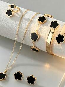 6pcs Lucky Five-Leaf Clover Design Bracelet, Necklace, Earrings, Bangle And Ring Set, Delicate Fashion Gift Set For Teenagers - A - View 3