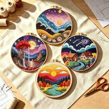 4件組彩色療癒夢幻插畫風景刺繡全套材料包,零基礎初學者DIY居家桌面牆面裝飾,手工貼心好友禮物 - 多色 - 查看 2