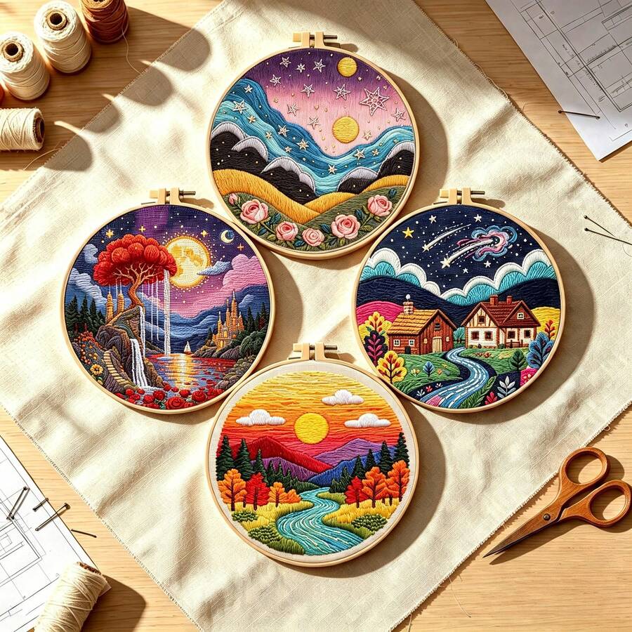 4件組彩色療癒夢幻插畫風景刺繡全套材料包，零基礎初學者DIY居家桌面牆面裝飾，手工貼心好友禮物