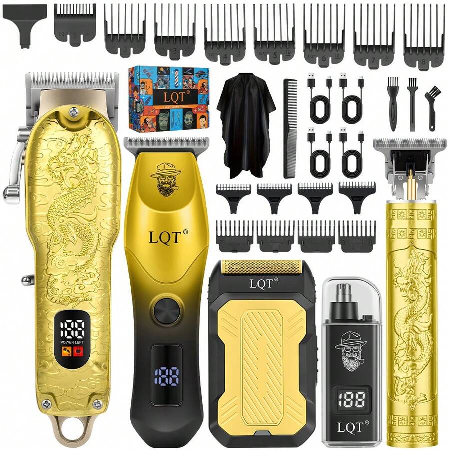 LQT Professional Hair Cutting Tool Kit (5pcs/4pcs/3pcs/2pcs), Cordless Hair Clipper Set, Beard Trimmer, Razor And Ear/Nose Hair Trimmer, USB-C Charging, With Limit Combs, Suitable For Personal, Home And Barber Use, Ideal Men's Gift, Father's Day Gift