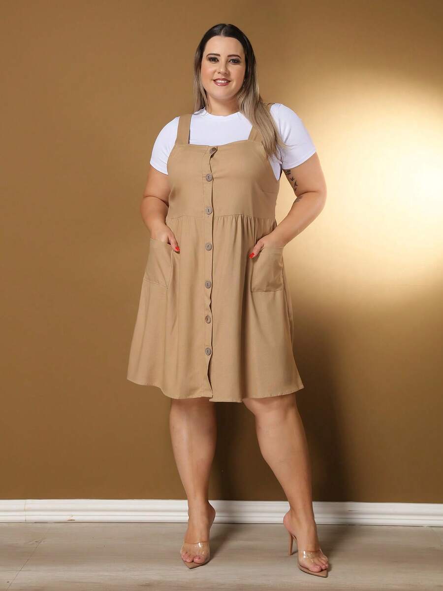 New Plus Size Linen Button-Down Short Dress With Pockets - Mocha Brown - View 1