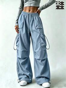 mulinsen Women's Drawstring Waist Cargo Pants, Casual Wide Leg Multi-Pocket Parachute Pants, Loose Street Style Tapered Leg Long Pants - Blue - View 1