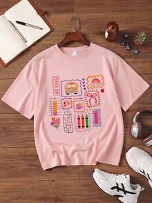 Camiseta Rosa de Manga Curta com Gola Redonda e Estampa de Professora "Seja Gentil" para Mulheres Plus Size, Elasticidade Média, Solta, Casual, Presente de Volta às Aulas para Professora - Rosa chiclete - Visão 2