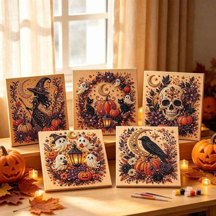 Set Lukisan Mutiara DIY Halloween - Lukisan Mutiara DIY Bertema Hantu Halloween Kreatif, Desain Tanpa Bingkai, Cocok untuk Kerajinan Tangan Seru Orang Dewasa, Sempurna untuk Dekorasi Rumah dan Hadiah Liburan - A - View 1