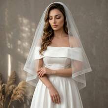 1pc Double Layer Fishbone Edge Bridal Veil Short Length With Hair Comb Suitable For Wedding, Bridal Photography And Bachelorette Party - Multicolor - View 2