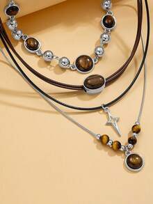 Vintage Brown Leather Gemstone Pendant Necklace Layered Choker Collarbone Chain For Women And Girls Autumn/Winter - Multicolor - View 4