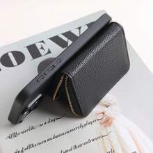1pc Solid Color Lychee Texture PU Leather Lanyard Card Holder Wallet Phone Case Compatible With Apple 18 17 16 15 14 Plus 13 12 11 Pro Max Compatible With Samsung Galaxy S26 S24 Plus A15 A16 A56 Compatible With Google Pixel 9a 8 Pro - Black - View 4
