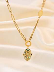 RAYQUEEN 1pc New Fashion Personalized Colorful Eye & Palm Pendant Bohemian Stainless Steel Necklace For Women - Gold - View 4
