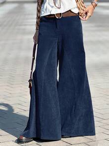 Women's Corduroy Flare Pants, Wide Leg Bohemian Style Long Pants With Pockets, Zipper And Button Fly, Slightly Stretchy, Suitable For Autumn Wear - Royal Blue - View 1