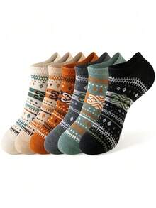5 pares de calcetines bajos de estilo Fair Isle vintage surtidos, unisex, transpirables y antideslizantes, versátiles para uso diario, desplazamientos y hogar, otoño/invierno, tipo náuticos - Multicolor - Ver 5